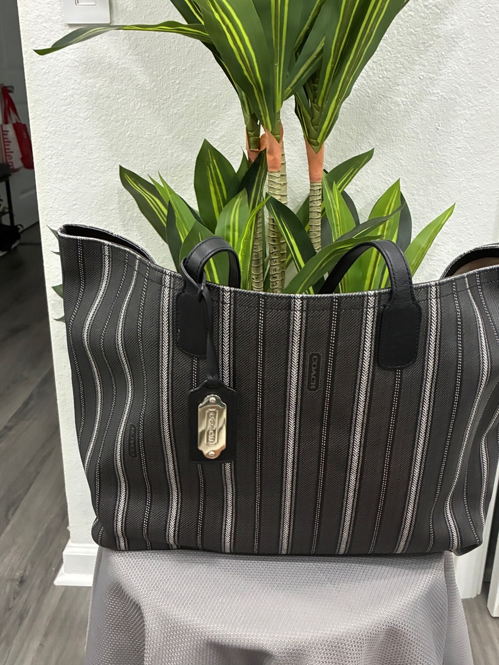 Coach Large Stripe Canvas Tote Bag Black Gray Shoulder Bag Shopper Carryall